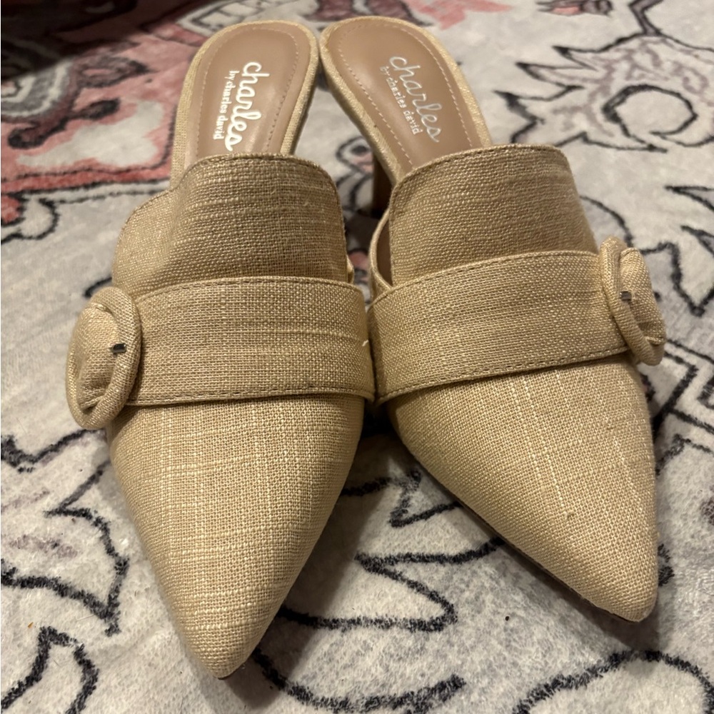 Charles Beige Tweed Heeled Mules with Loafer Design and Buckle Detail, size 8 - Picture 2 of 9